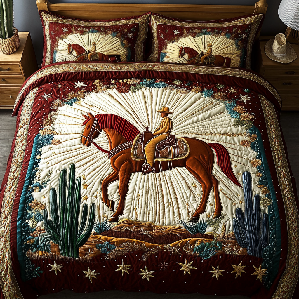 Rustic Rodeo Bedspread quilted 3-piece bedding set on a made bed with two matching pillow shams