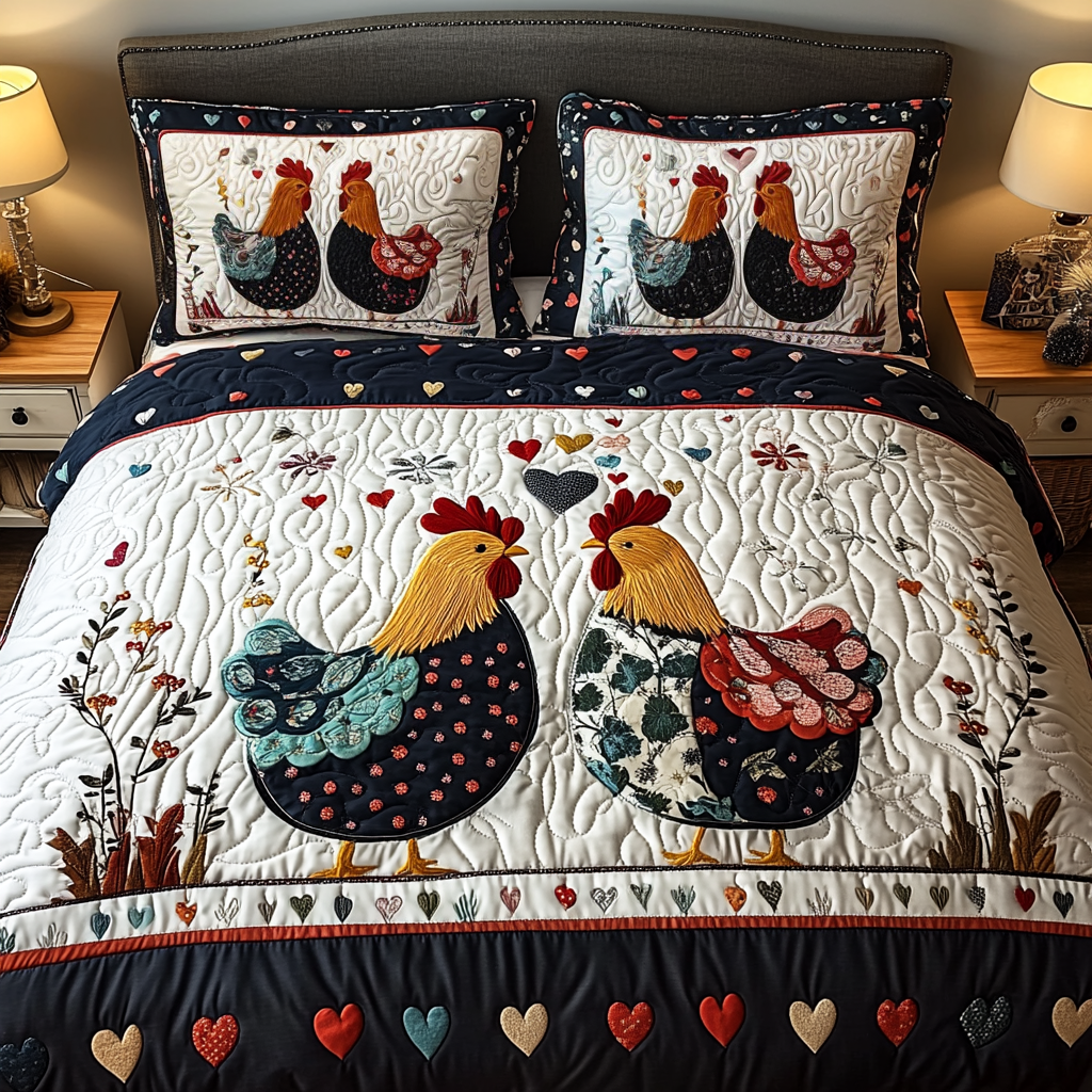 Rustic Roosters Animal quilted 3-piece bedding set on a made bed with two matching pillow shams