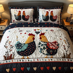 Rustic Roosters Animal quilted 3-piece bedding set on a made bed with two matching pillow shams