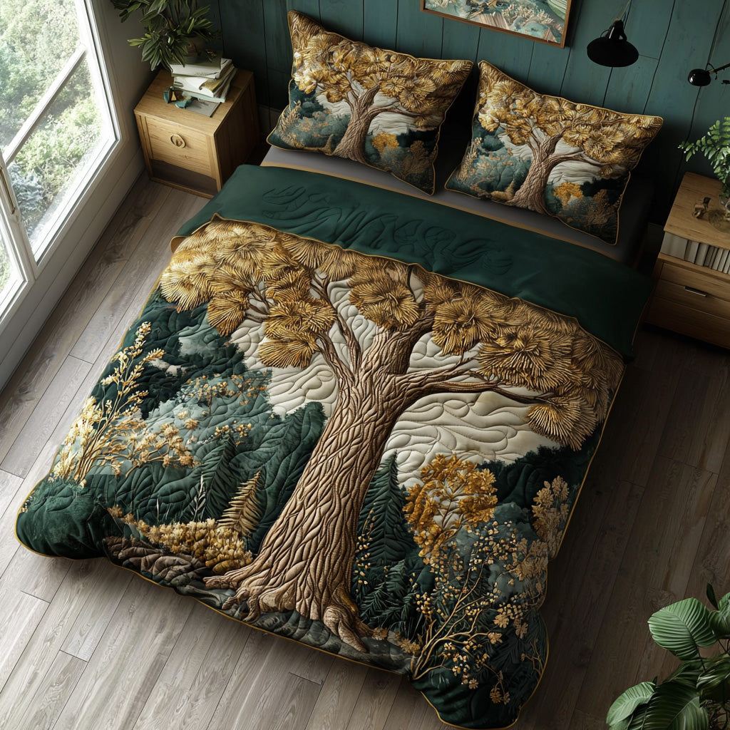 Rustic Solace quilted 3-piece bedding set on a made bed with two matching pillow shams