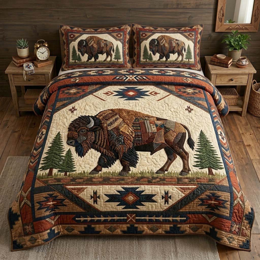 Rustic Trail Bison Heritage quilted 3-piece bedding set on a made bed with two matching pillow shams