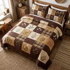 Rustic Wheat quilted 3-piece bedding set on a made bed with two matching pillow shams