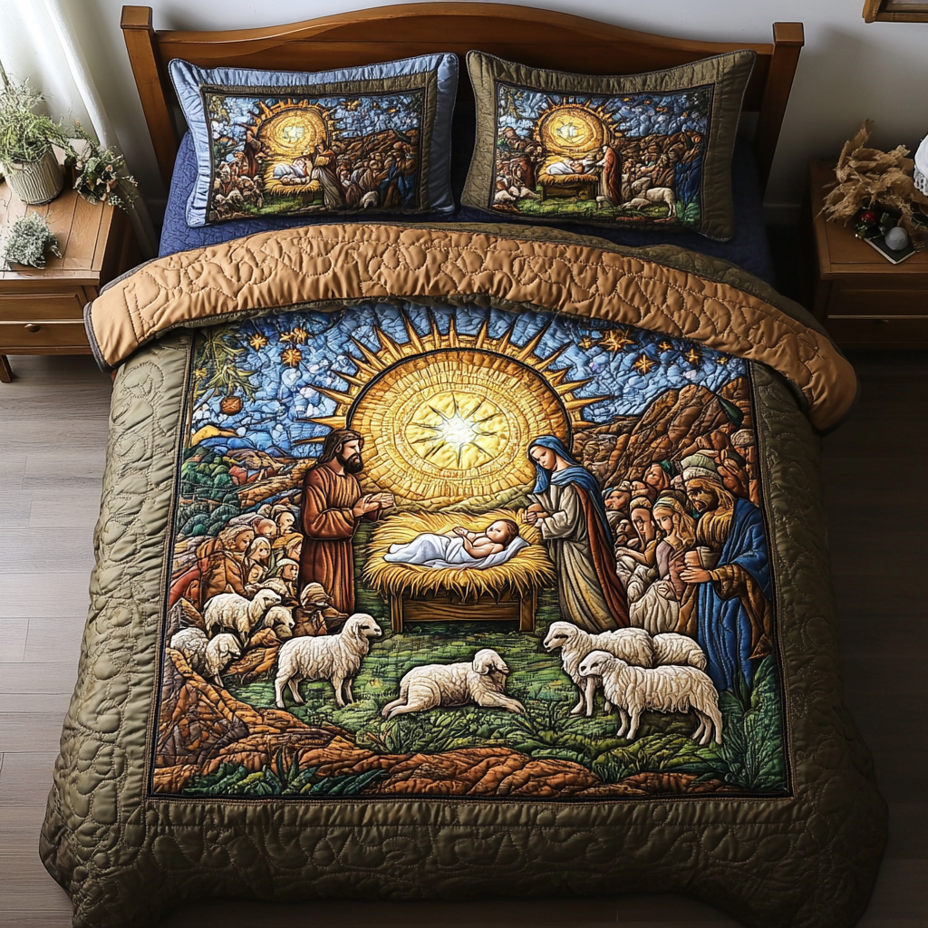 Sacred Birth Scene Quilted Bedding Set quilted 3-piece bedding set on a made bed with two matching pillow shams