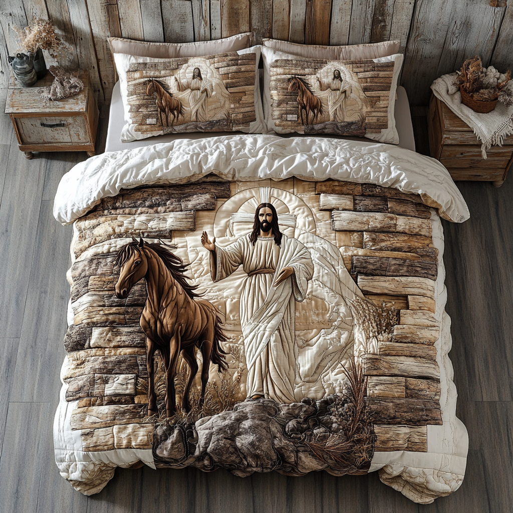 Sacred Bond quilted 3-piece bedding set on a made bed with two matching pillow shams
