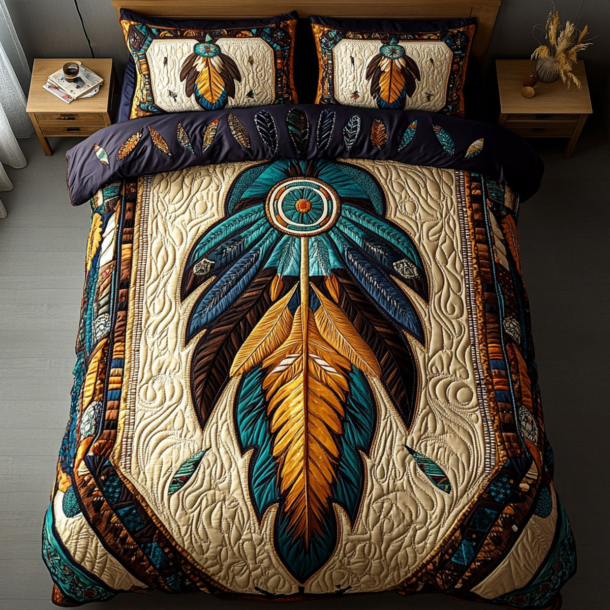 Sacred Dream Weaver quilted 3-piece bedding set on a made bed with two matching pillow shams