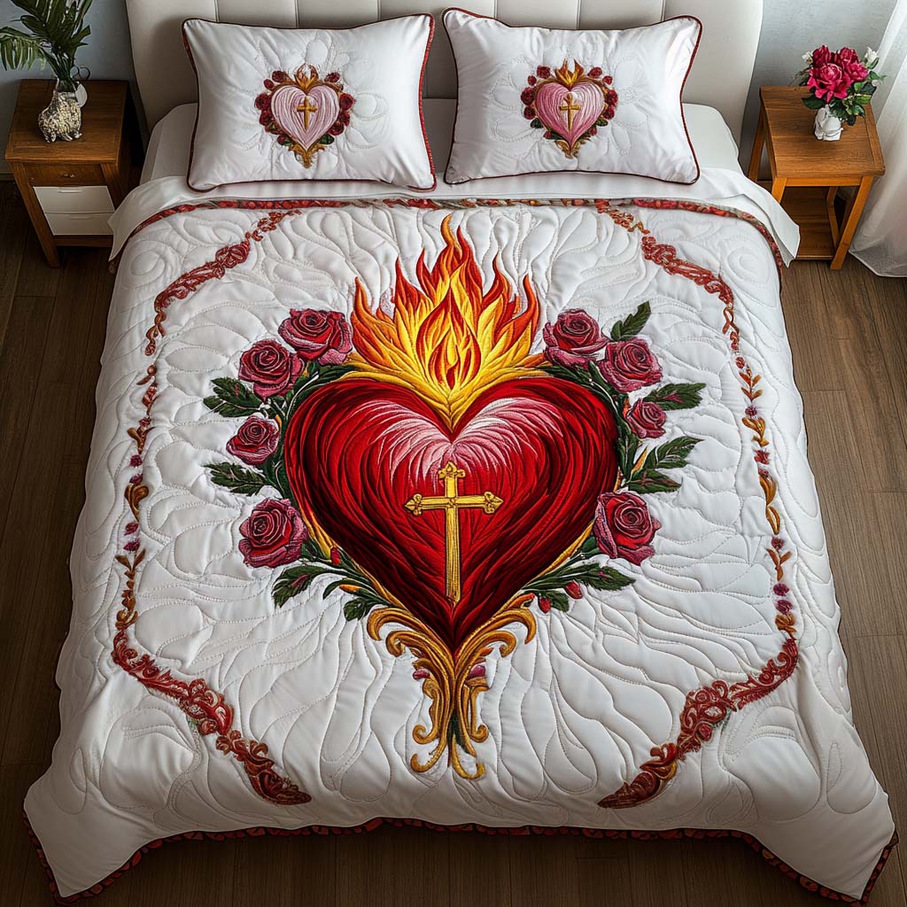 Sacred Heartfire quilted 3-piece bedding set on a made bed with two matching pillow shams