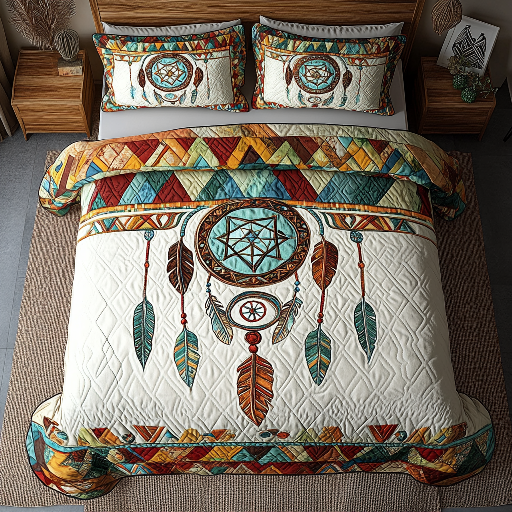 Sacred Hoop quilted 3-piece bedding set on a made bed with two matching pillow shams