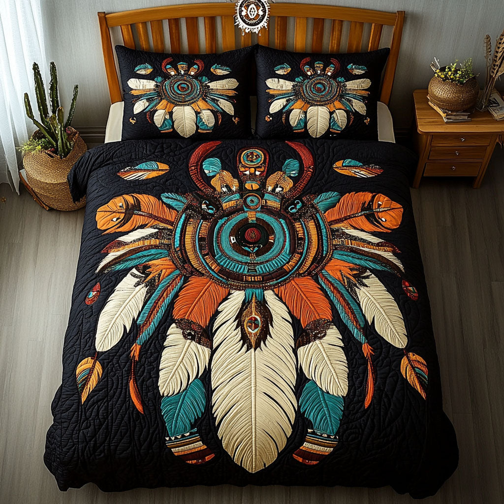 Sacred Hoop Serenity quilted 3-piece bedding set on a made bed with two matching pillow shams