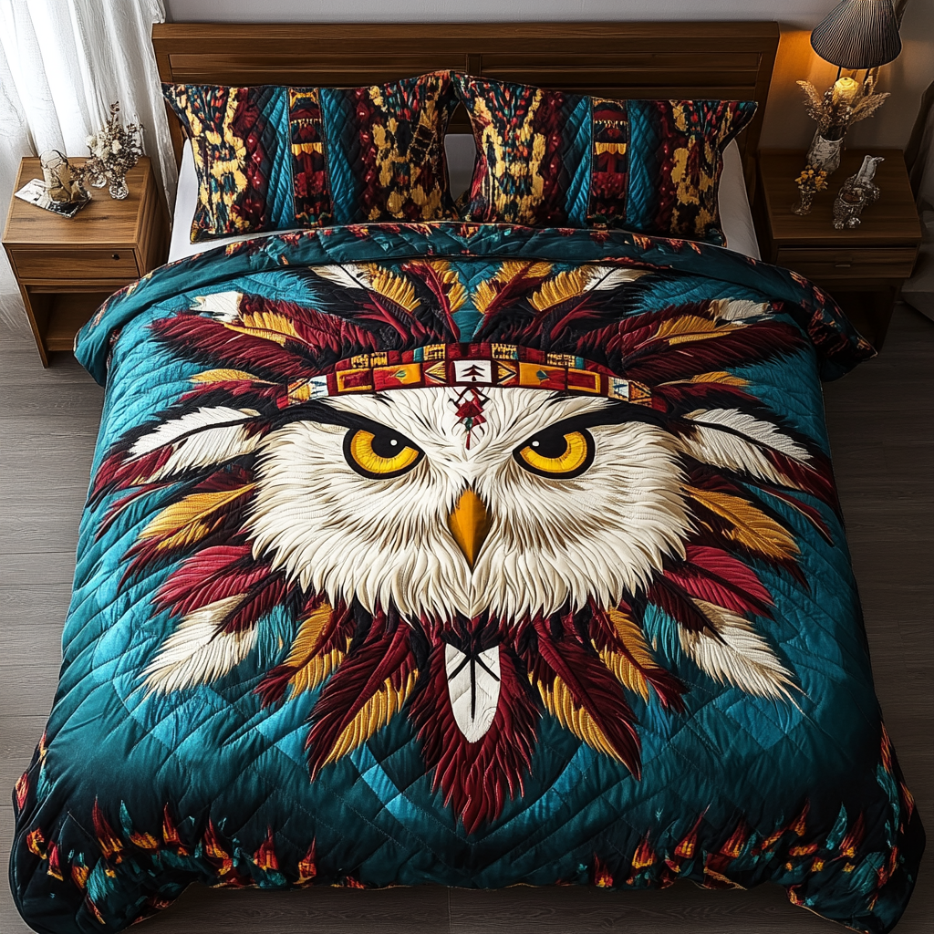 Sacred Hoots Southwest quilted 3-piece bedding set on a made bed with two matching pillow shams