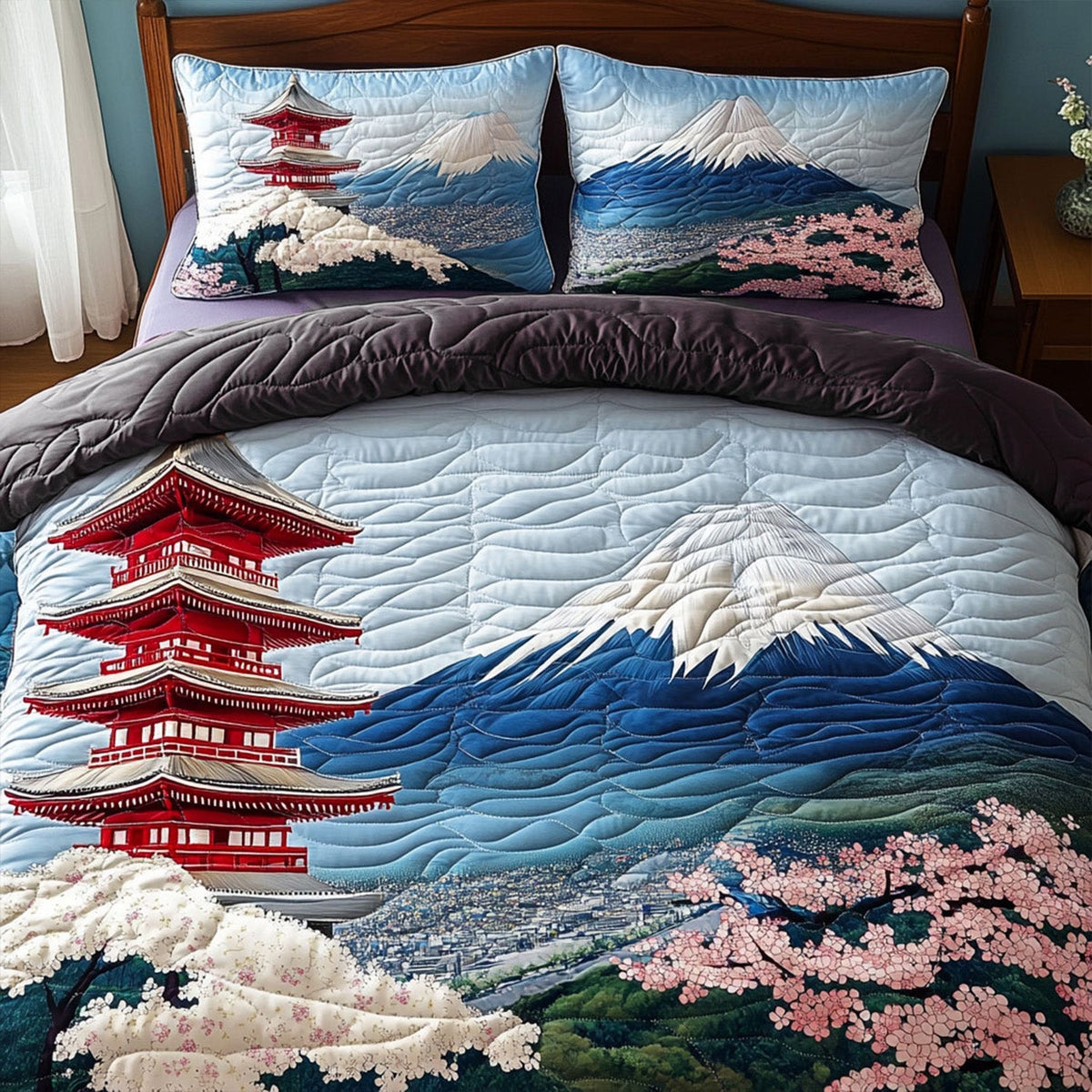 Sacred Mountain View quilted 3-piece bedding set on a made bed with two matching pillow shams