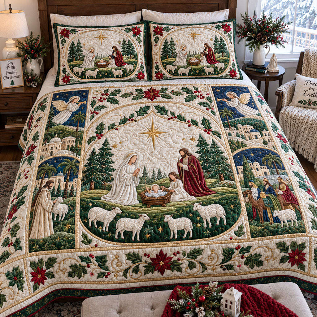 Sacred Night quilted 3-piece bedding set on a made bed with two matching pillow shams