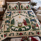 Sacred Night quilted 3-piece bedding set on a made bed with two matching pillow shams