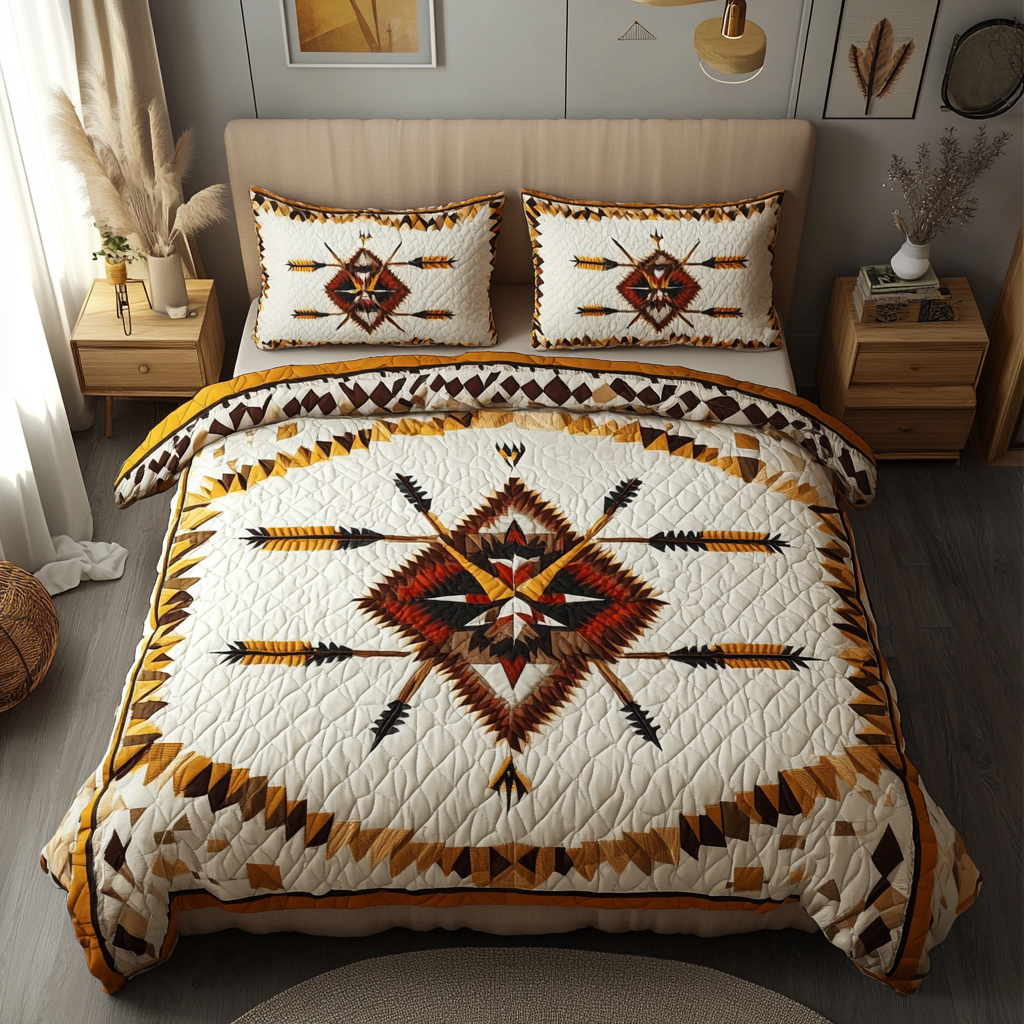 Sacred Path Southwest quilted 3-piece bedding set on a made bed with two matching pillow shams