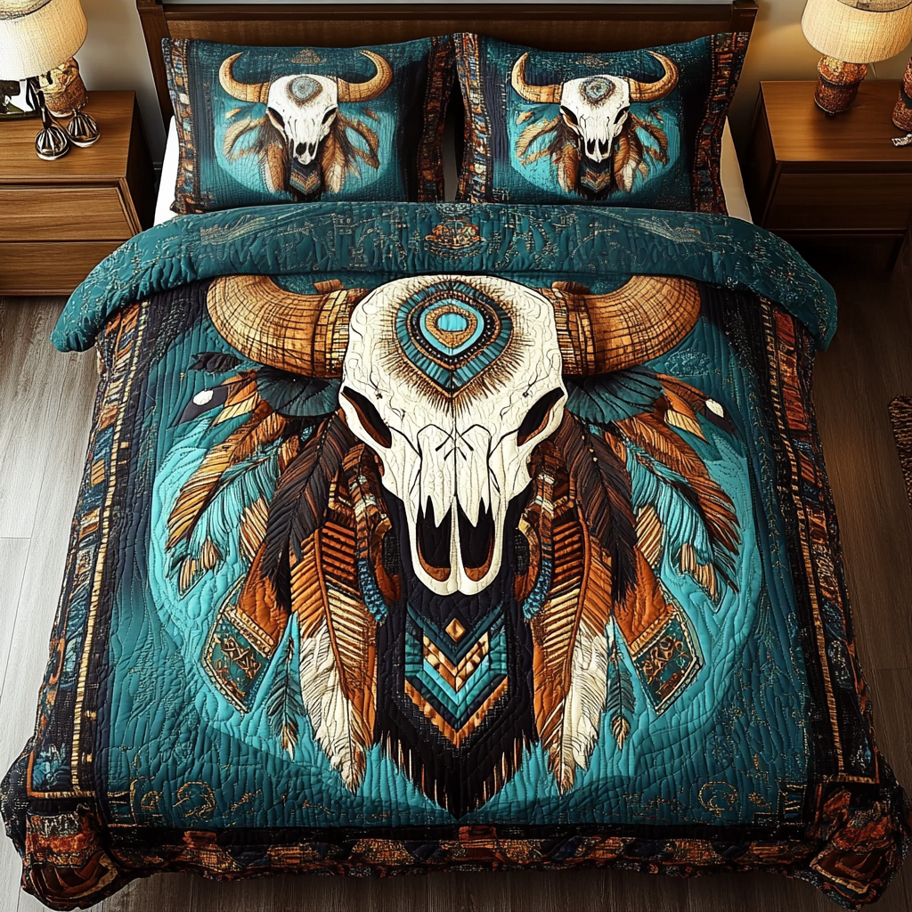 Sacred Skull Bison quilted 3-piece bedding set on a made bed with two matching pillow shams