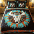 Sacred Skull Southwest quilted 3-piece bedding set on a made bed with two matching pillow shams