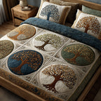 Sacred Tree quilted 3-piece bedding set on a made bed with two matching pillow shams