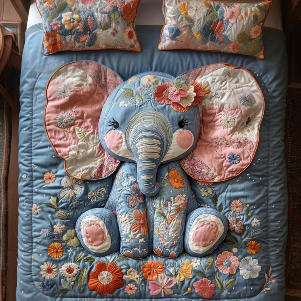 Sacred Tusks quilted 3-piece bedding set on a made bed with two matching pillow shams