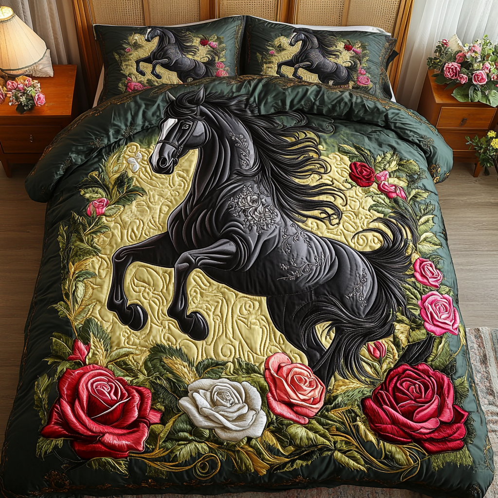 Saddle Bloom quilted 3-piece bedding set on a made bed with two matching pillow shams