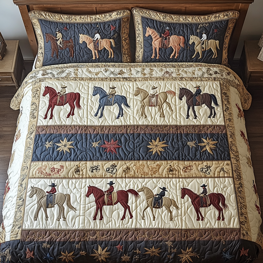Saddle Grace quilted 3-piece bedding set on a made bed with two matching pillow shams
