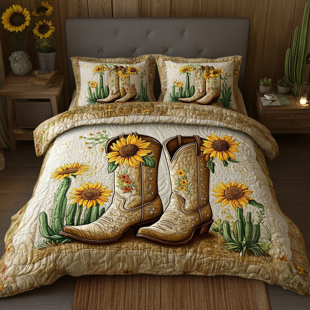 Saddle Up Cacti quilted 3-piece bedding set on a made bed with two matching pillow shams