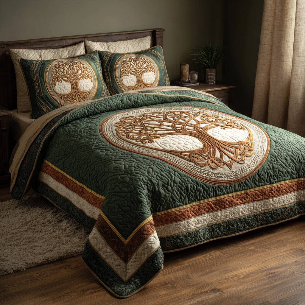 Sage Circle quilted 3-piece bedding set on a made bed with two matching pillow shams