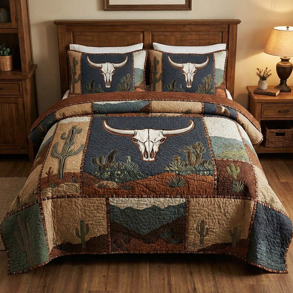 Sagebrush Longhorn Desert quilted 3-piece bedding set on a made bed with two matching pillow shams