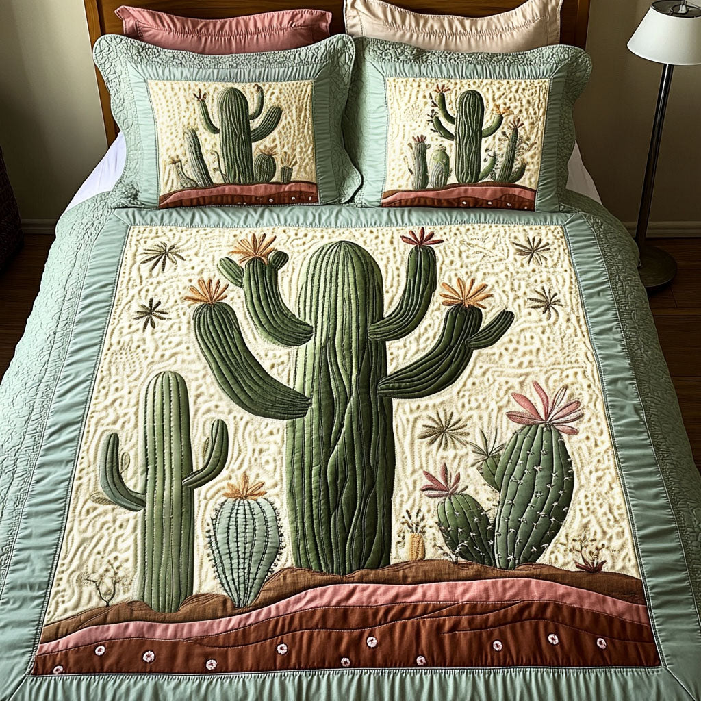 Saguaro Delight quilted 3-piece bedding set on a made bed with two matching pillow shams