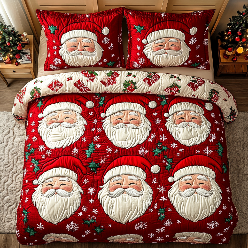 Santa Charm quilted 3-piece bedding set on a made bed with two matching pillow shams