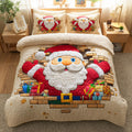 Santa Cheer Christmastree quilted 3-piece bedding set on a made bed with two matching pillow shams