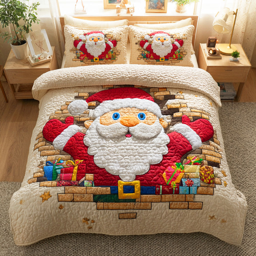 Santa Cheer Christmastree quilted 3-piece bedding set on a made bed with two matching pillow shams