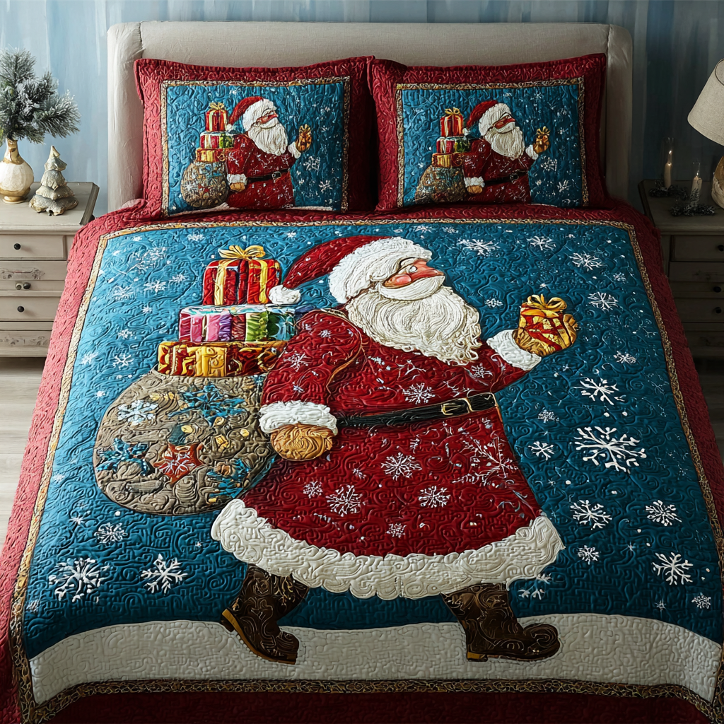 Santa Dreams Bedspreads quilted 3-piece bedding set on a made bed with two matching pillow shams