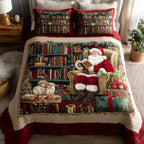 Santa Library quilted 3-piece bedding set on a made bed with two matching pillow shams