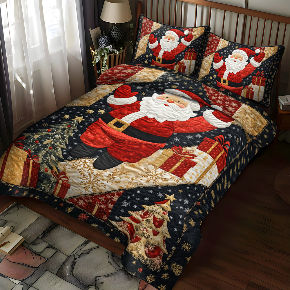 Santa Merry Magic quilted 3-piece bedding set on a made bed with two matching pillow shams