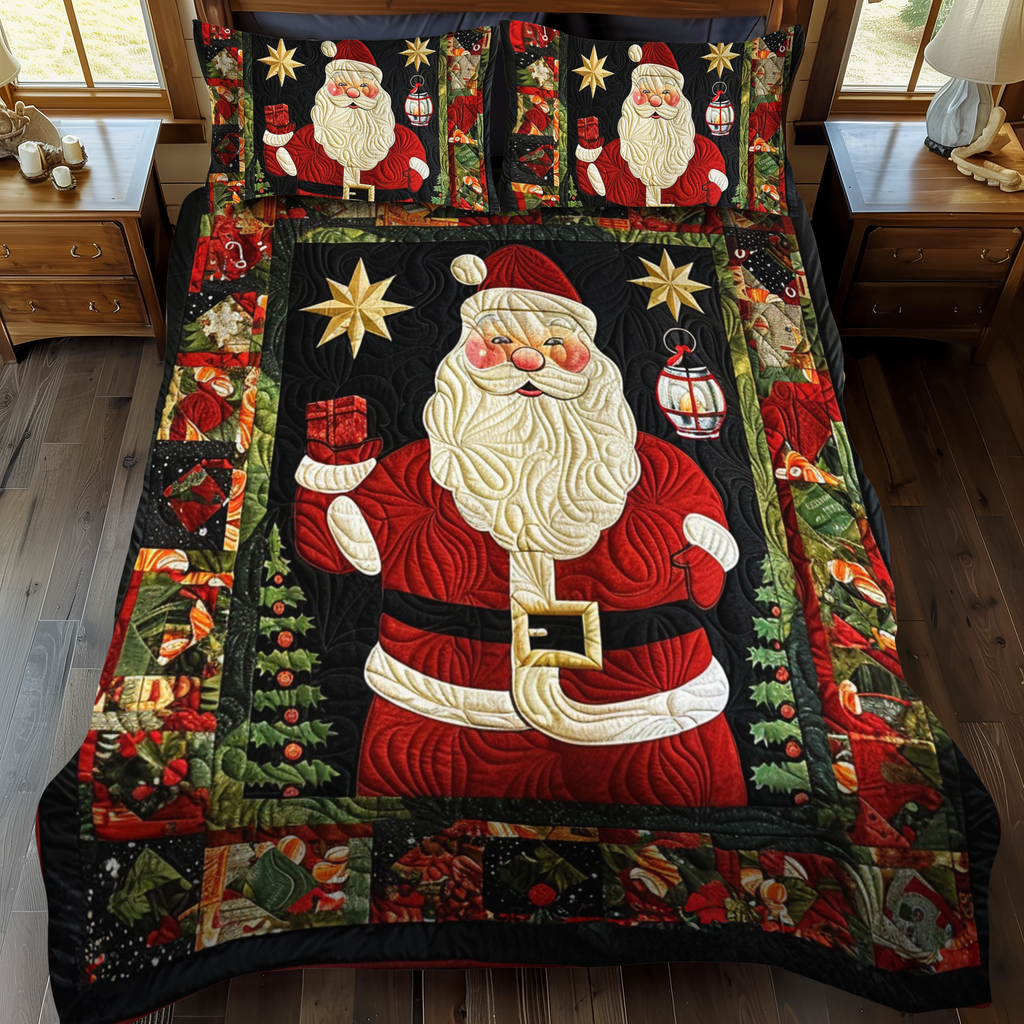 Santa's Joy quilted 3-piece bedding set on a made bed with two matching pillow shams