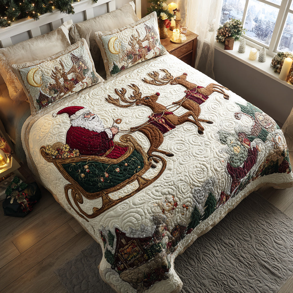 Santa Sleigh Ride quilted 3-piece bedding set on a made bed with two matching pillow shams