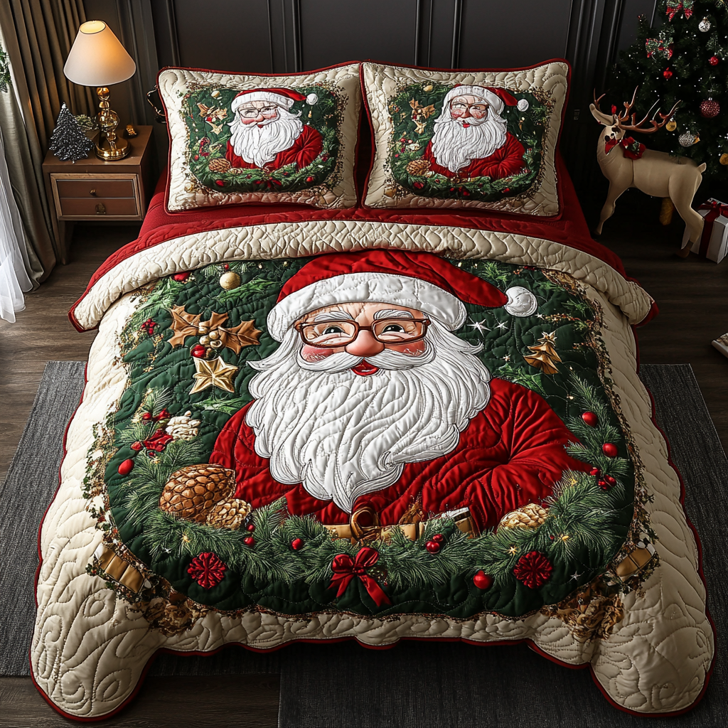 Santa Spirit Bedspreads quilted 3-piece bedding set on a made bed with two matching pillow shams
