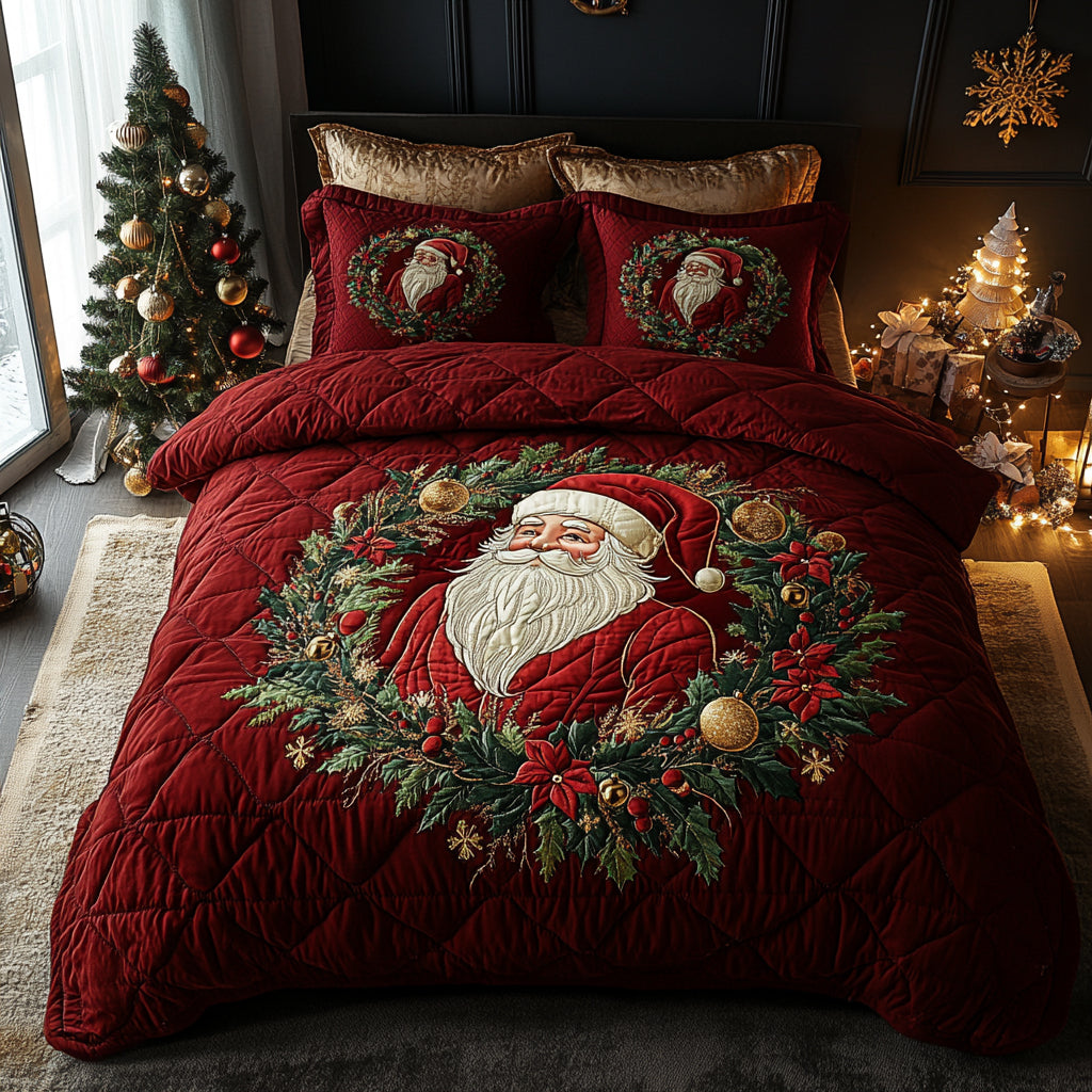Santa Spirit Christmas quilted 3-piece bedding set on a made bed with two matching pillow shams