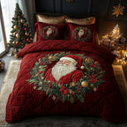 Santa Spirit Christmas quilted 3-piece bedding set on a made bed with two matching pillow shams