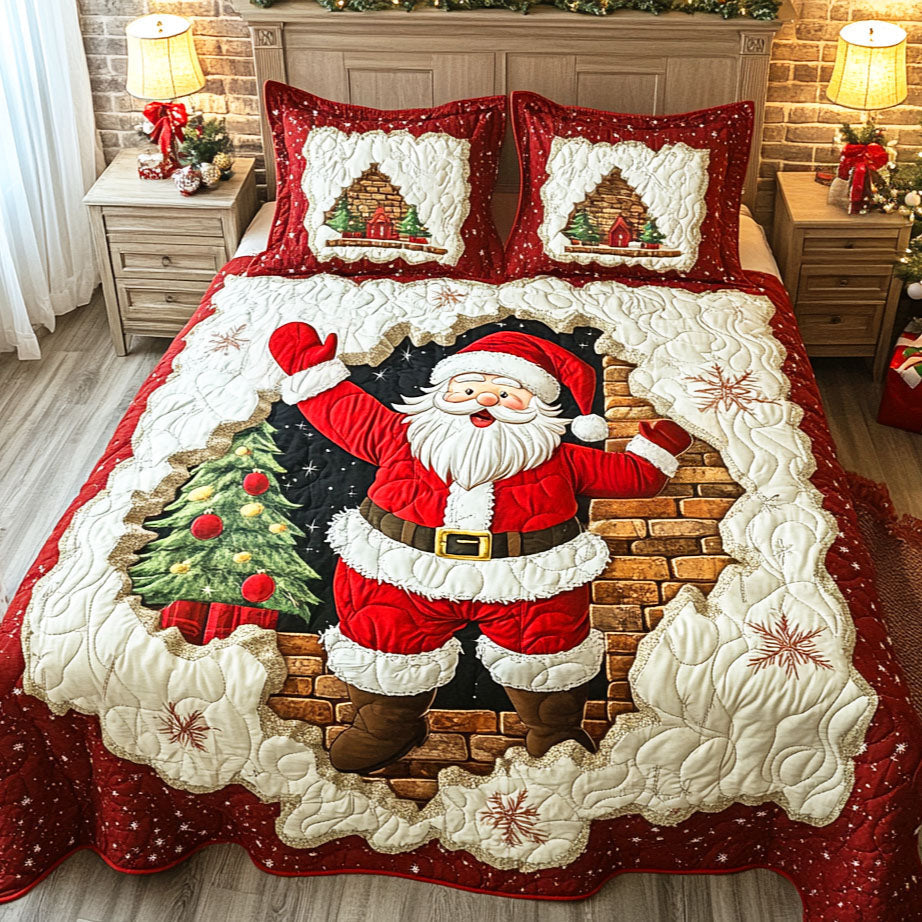Santa Spirit Christmastree quilted 3-piece bedding set on a made bed with two matching pillow shams