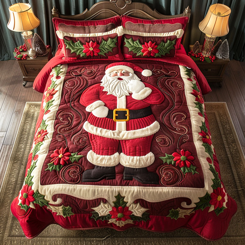 Santa Spirit Holiday quilted 3-piece bedding set on a made bed with two matching pillow shams