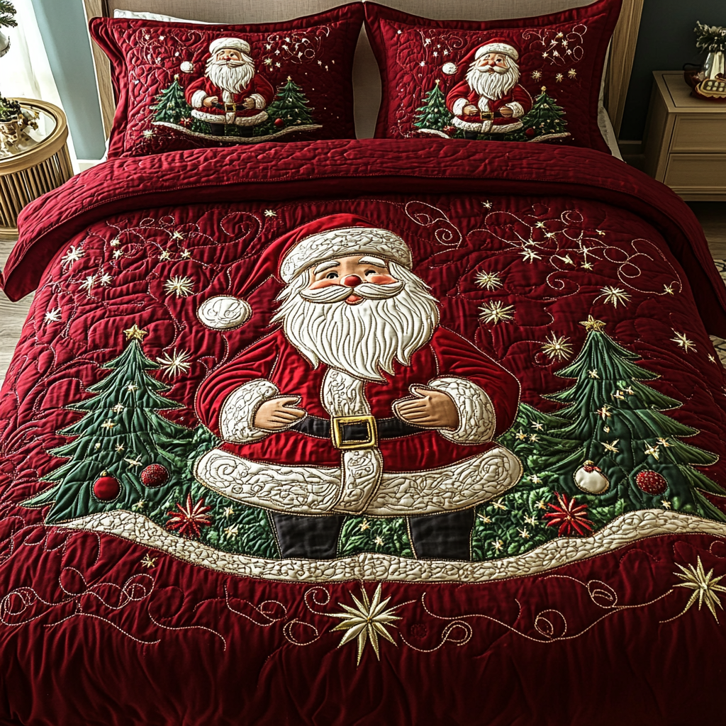 Santa Wonder Bedspread quilted 3-piece bedding set on a made bed with two matching pillow shams