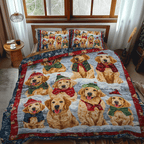 Santas Goldens quilted 3-piece bedding set on a made bed with two matching pillow shams