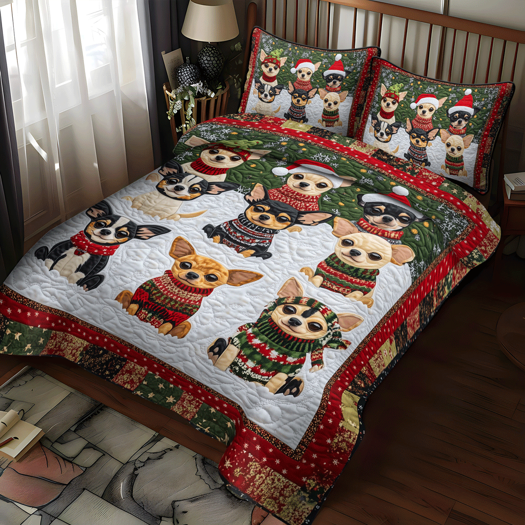 Santas Little Chis quilted 3-piece bedding set on a made bed with two matching pillow shams