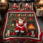Santas Storytime Delight quilted 3-piece bedding set on a made bed with two matching pillow shams