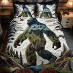 Sasquatch Encounter quilted 3-piece bedding set on a made bed with two matching pillow shams