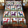Sausage Dog Symphony quilted 3-piece bedding set on a made bed with two matching pillow shams
