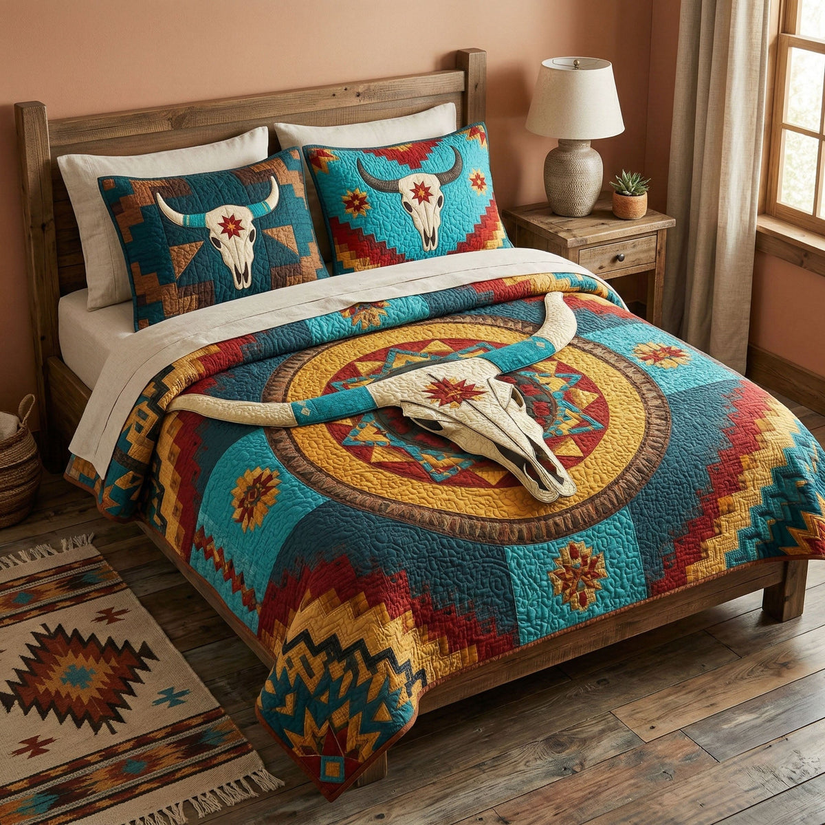 Savage Frontier quilted 3-piece bedding set on a made bed with two matching pillow shams
