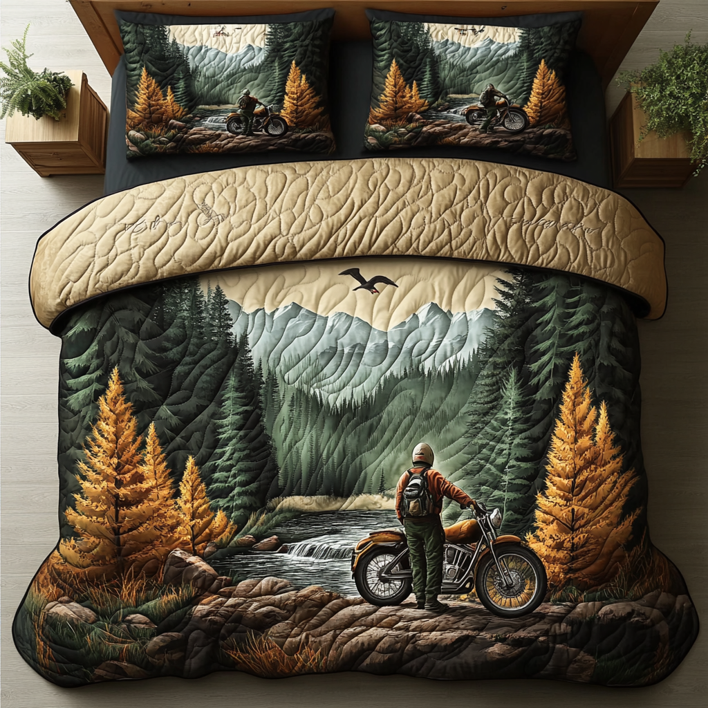 Scenic Journey quilted 3-piece bedding set on a made bed with two matching pillow shams