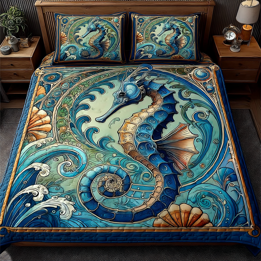 Sea Horse Waves quilted 3-piece bedding set on a made bed with two matching pillow shams