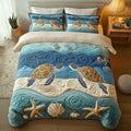 Sea Journey quilted 3-piece bedding set on a made bed with two matching pillow shams